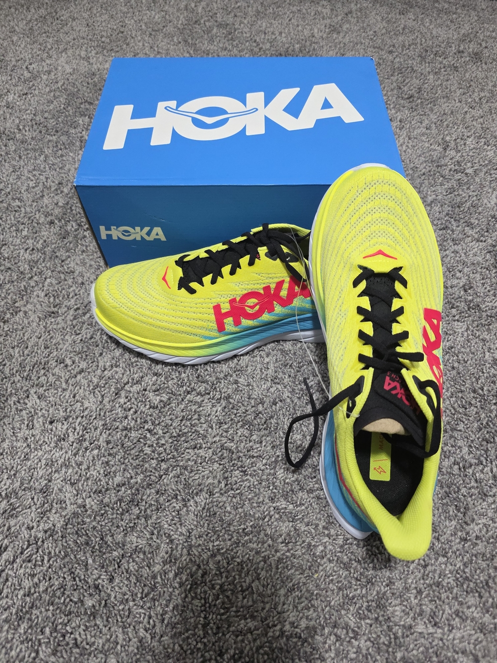 HOKA Men's Neon Yellow Running Shoes with Pink Logo